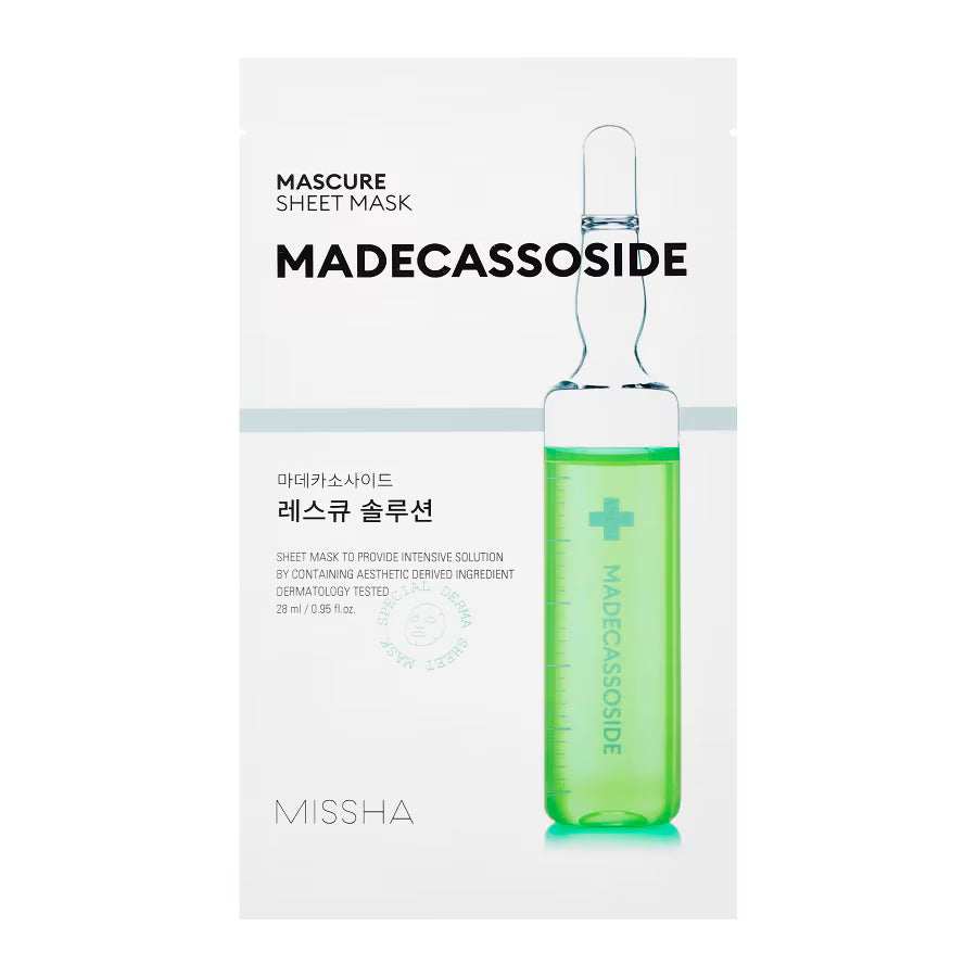 Missha Mascure Solution Sheet Mask Madecassoside 28ml sachet on white background