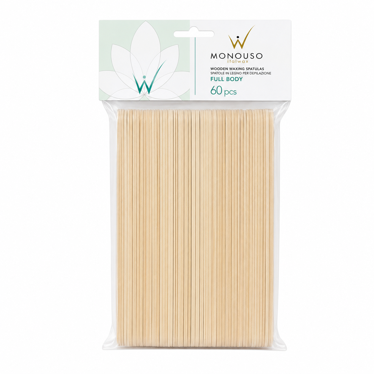 Monouso Italwax Full Body XL Wooden Waxing Spatulas 60 pack, 200mm x 25mm disposable applicators for spreading wax over large body areas