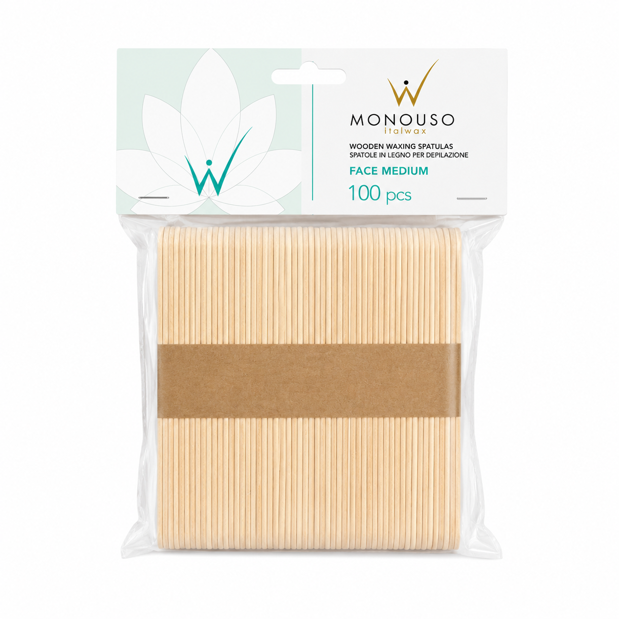 Monouso Italwax Face Medium Wooden Waxing Spatulas 100 pack, 114mm x 10mm disposable applicator sticks for precise facial wax application