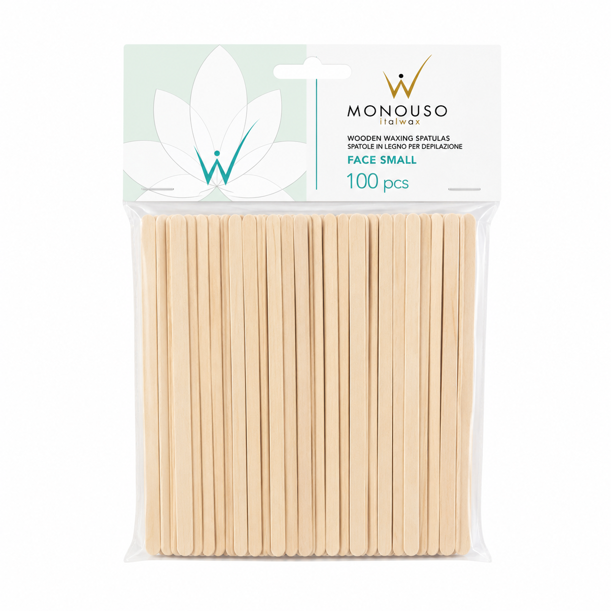 Monouso Italwax Face Small Wooden Waxing Spatulas 100 pack, 140mm x 5mm slim disposable applicators for precise eyebrow, upper lip and facial waxing