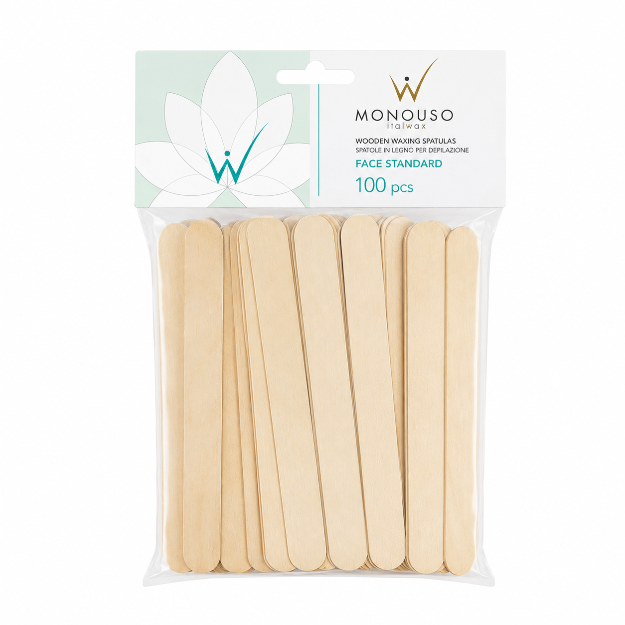 Monouso Italwax Face Standard Wooden Waxing Spatulas 100 pack, 140mm x 16mm disposable applicators for professional facial waxing treatments