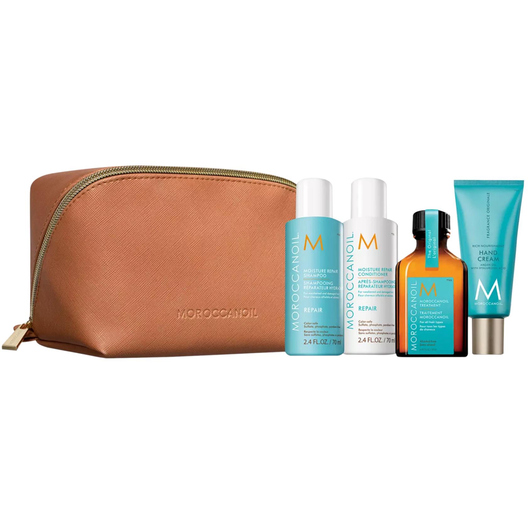 Moroccanoil Discover Repair Set featuring repair travel size shampoo, Conditioner, oil treatment and hand cream