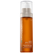 Moroccanoil Night Body Serum 50ml overnight body serum formulated with argan oil, tsubaki oil, holy basil extract, and vitamin C to help firm, smooth, nourish, and improve the appearance of skin while you sleep pump bottle on a white background. 