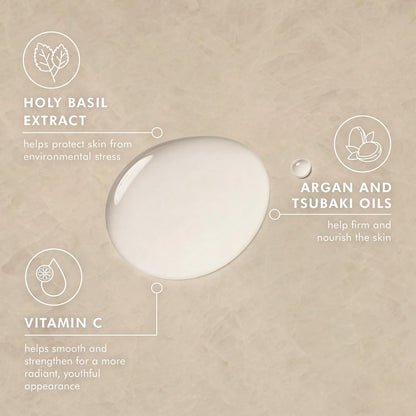 Moroccanoil Night Body Serum ingredient infographic highlighting argan oil, tsubaki oil, holy basil extract, and vitamin C to nourish, firm, smooth, and protect skin overnight.