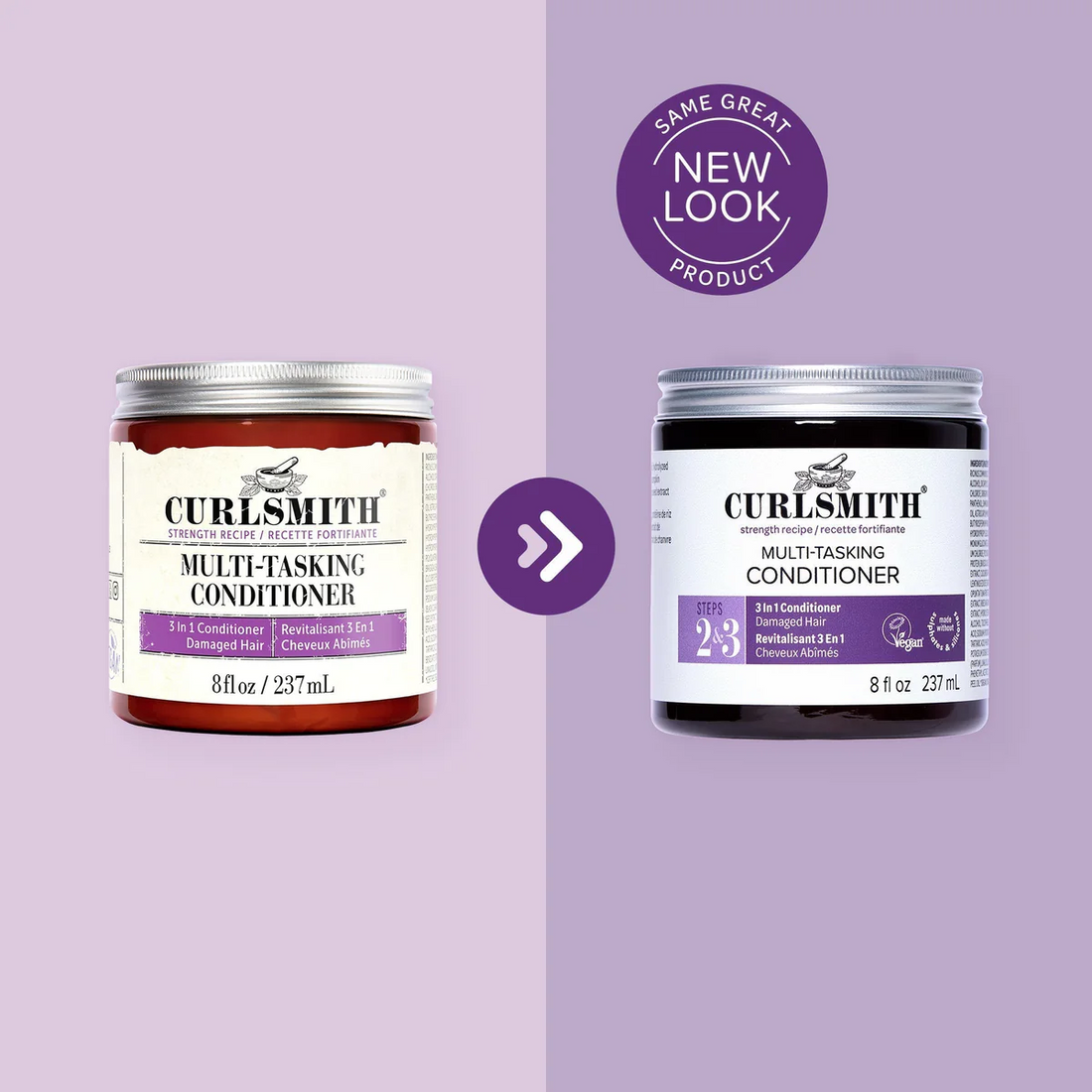 Two jars of Curlsmith Multi-Tasking Conditioner on a purple background with a &