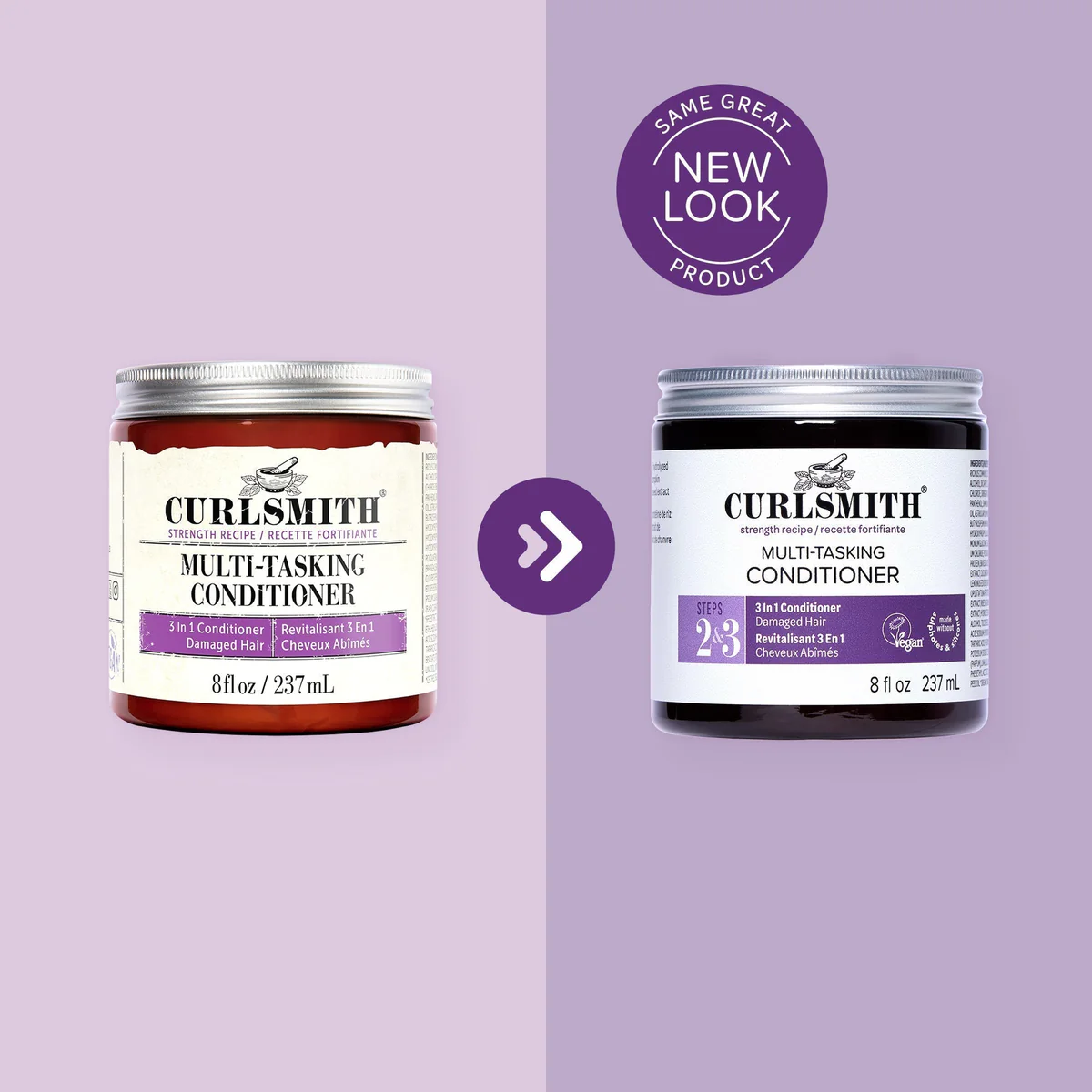 Two jars of Curlsmith Multi-Tasking Conditioner on a purple background with a &