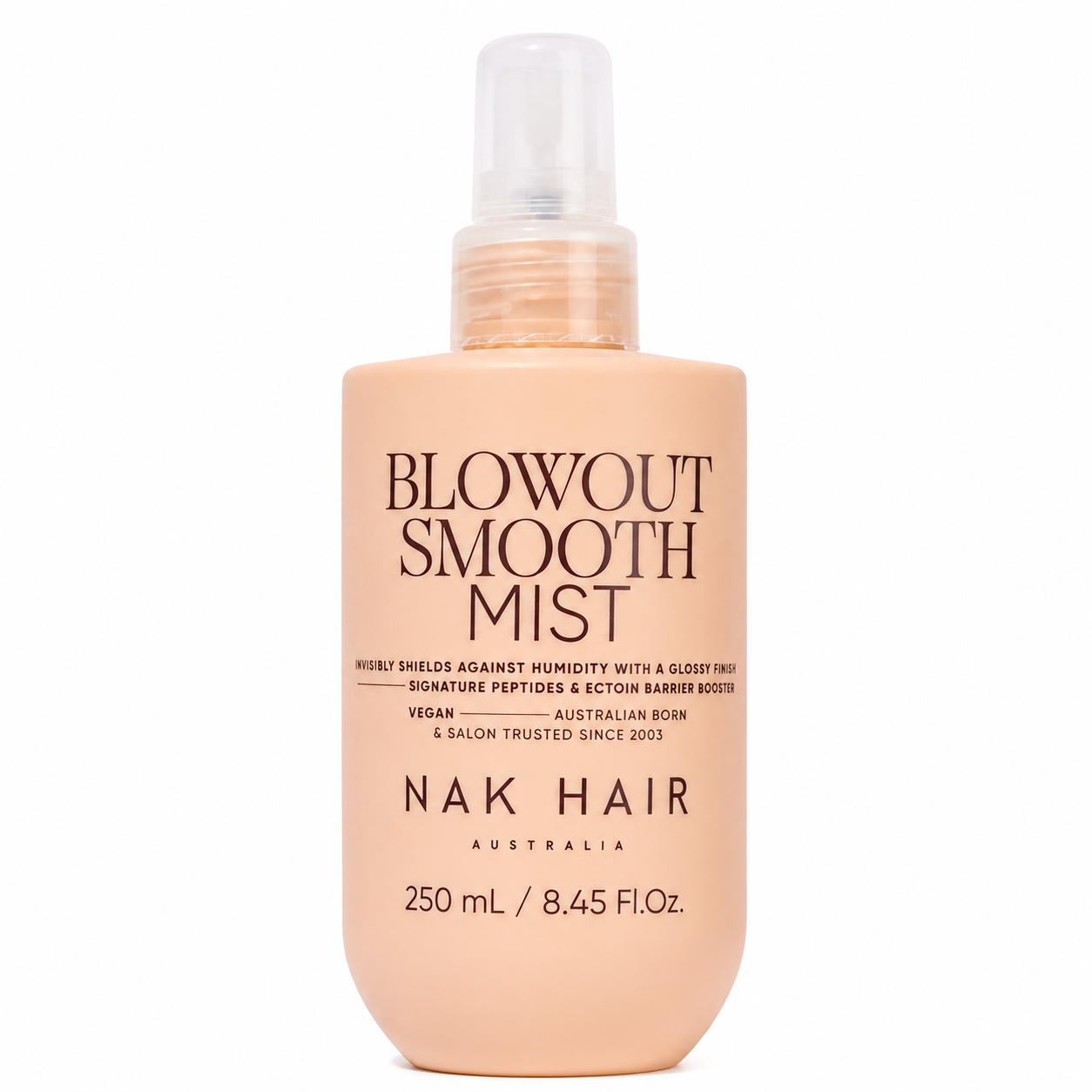 NAK Hair Blowout Smooth Mist 250ml vegan anti-humidity hair spray with signature peptides and Ectoin Barrier Booster for smooth, glossy blow-dry results