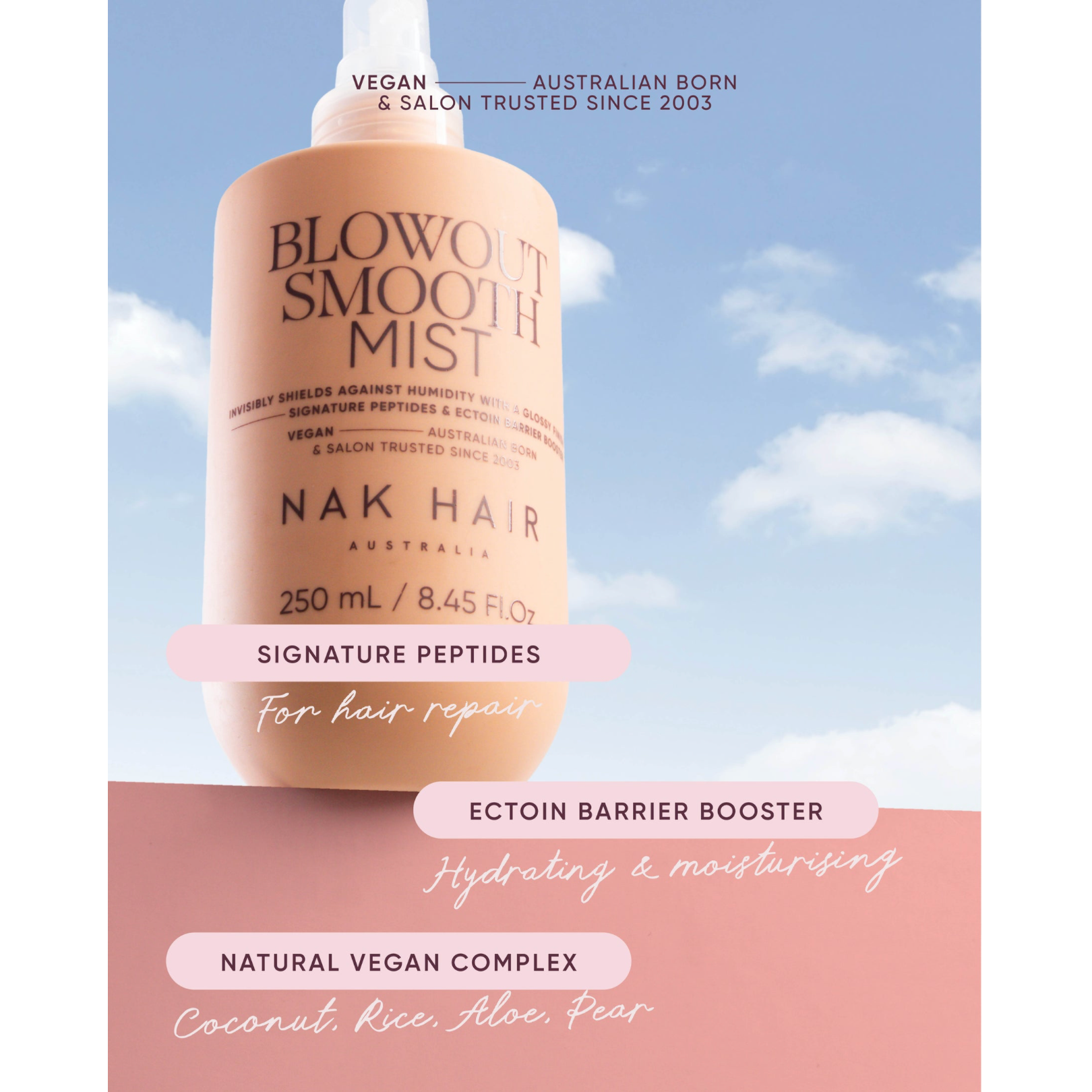 NAK Hair Blowout Smooth Mist 250ml vegan formula with signature peptides for hair repair, Ectoin Barrier Booster for hydration and a coconut, rice, aloe and pear complex