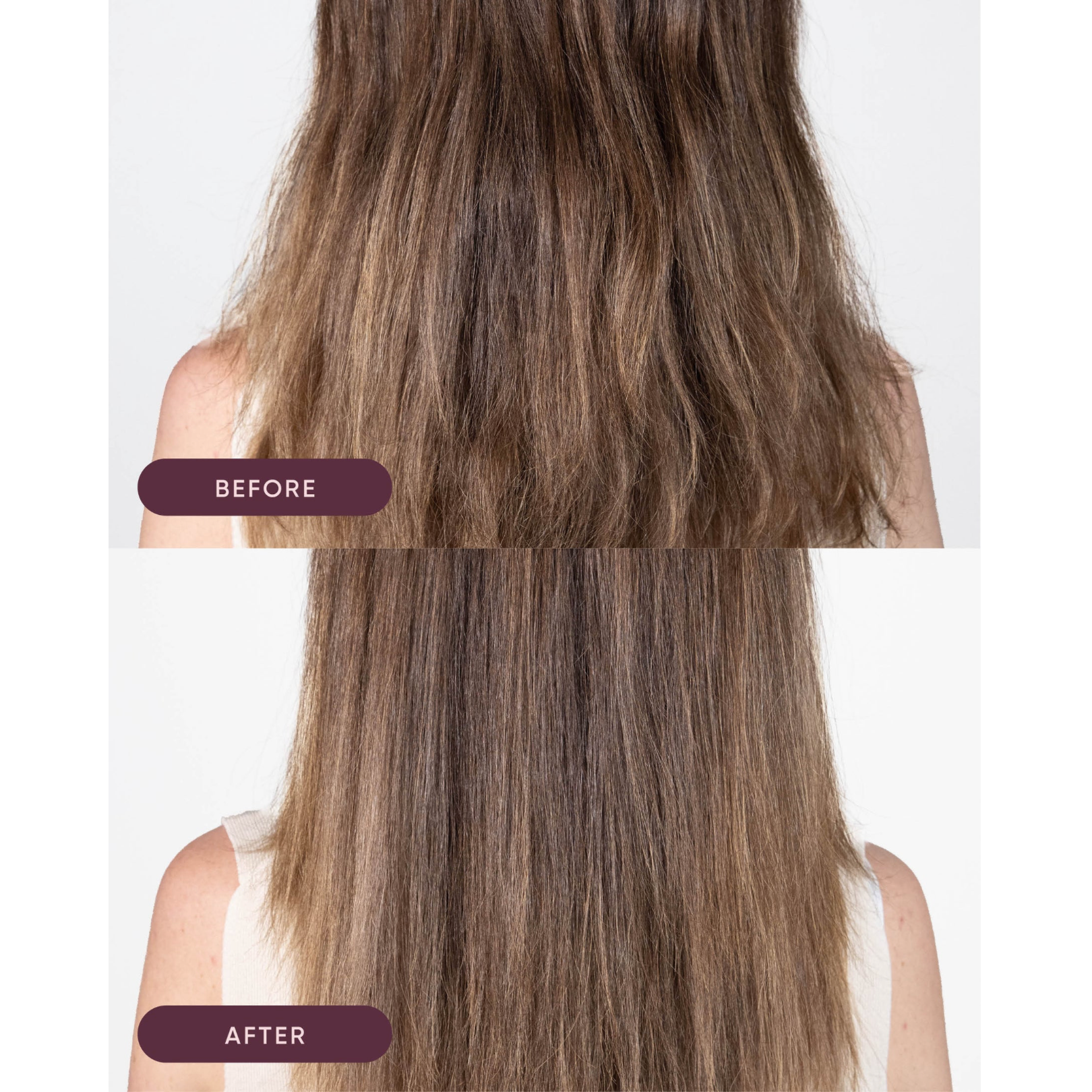 Before-and-after results showing dry, frizzy brown hair becoming straighter, smoother and shinier after styling with NAK Hair Blowout Smooth Mist 250ml