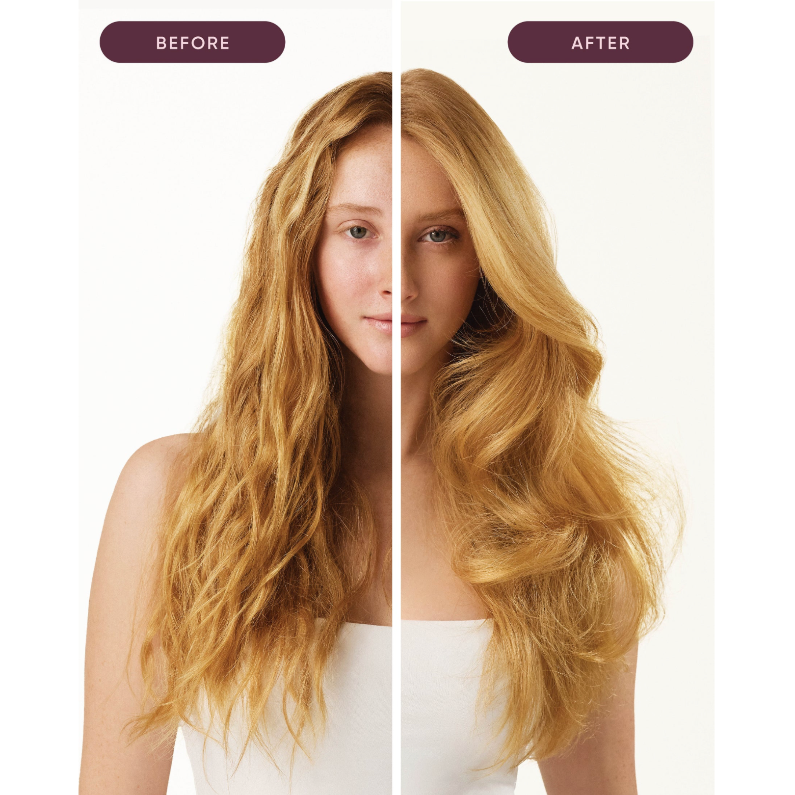 Before-and-after comparison showing frizzy blonde hair transformed into a smooth, glossy and voluminous blowout using NAK Hair Blowout Smooth Mist 250ml