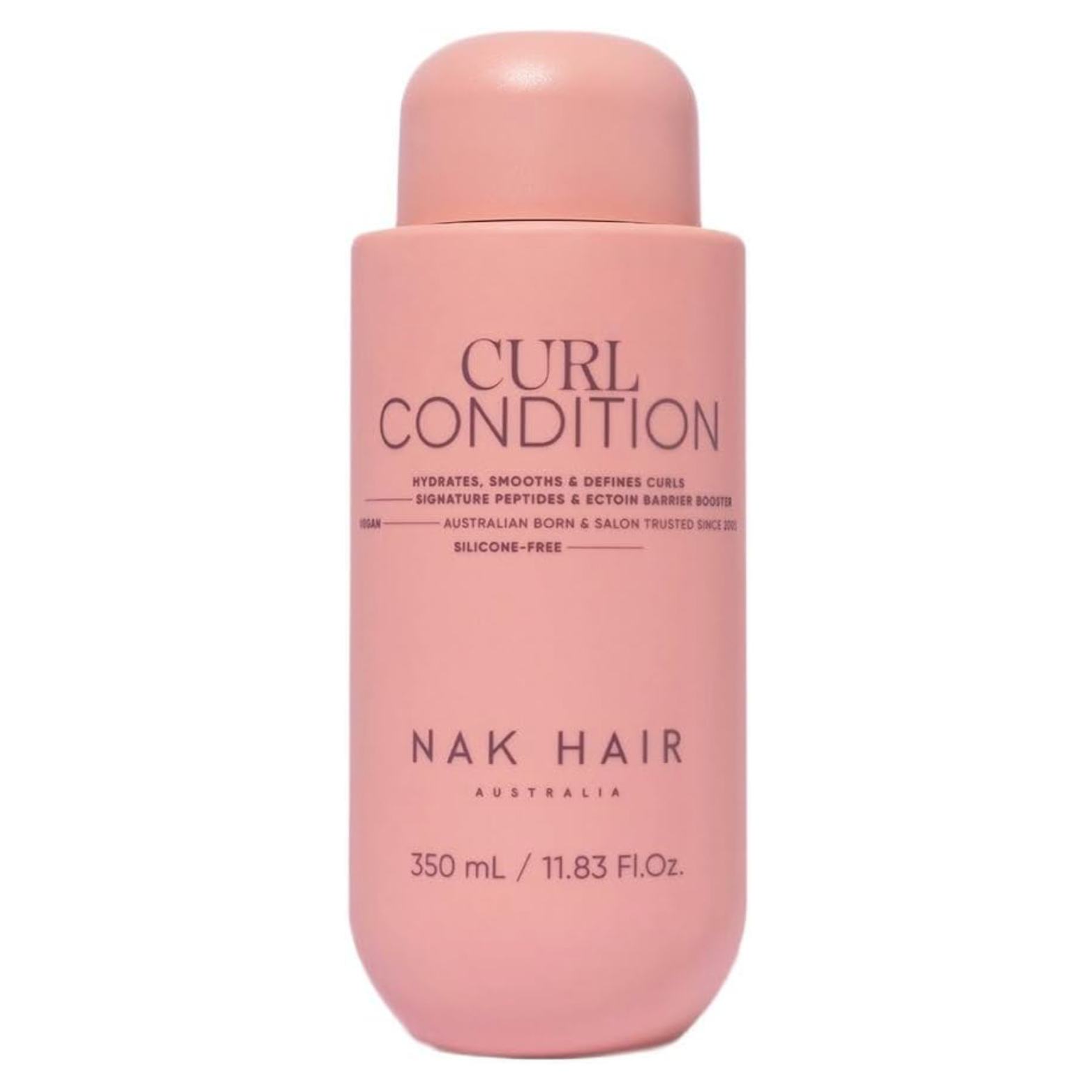 Front view of NAK Hair Curl Condition 350ml silicone-free vegan conditioner in a pink bottle for hydrating, smoothing and defining curls