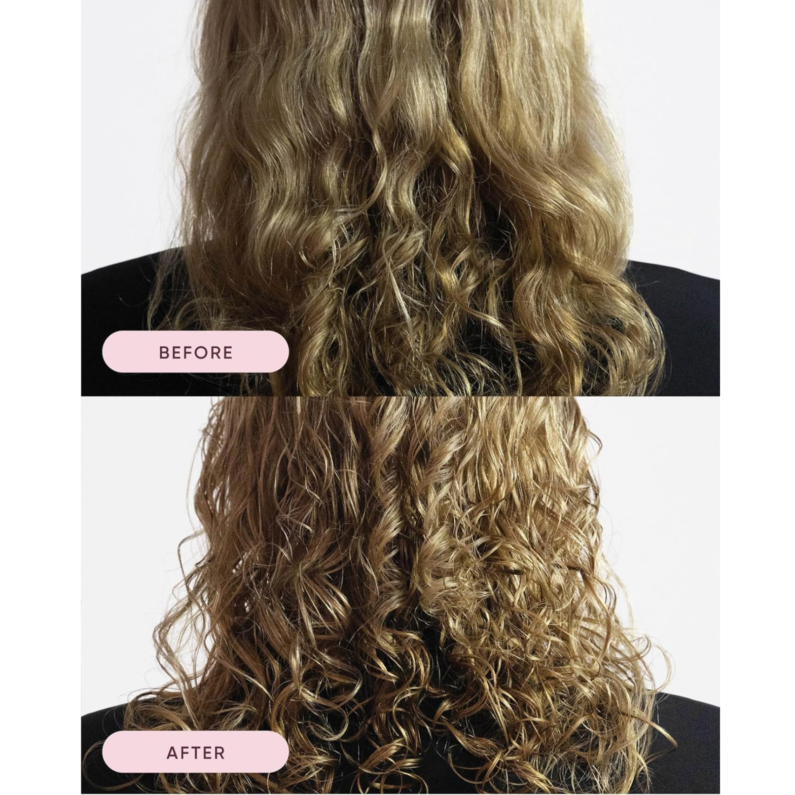 Before-and-after comparison of wavy hair showing more hydrated, defined curls after a NAK Hair curl care routine