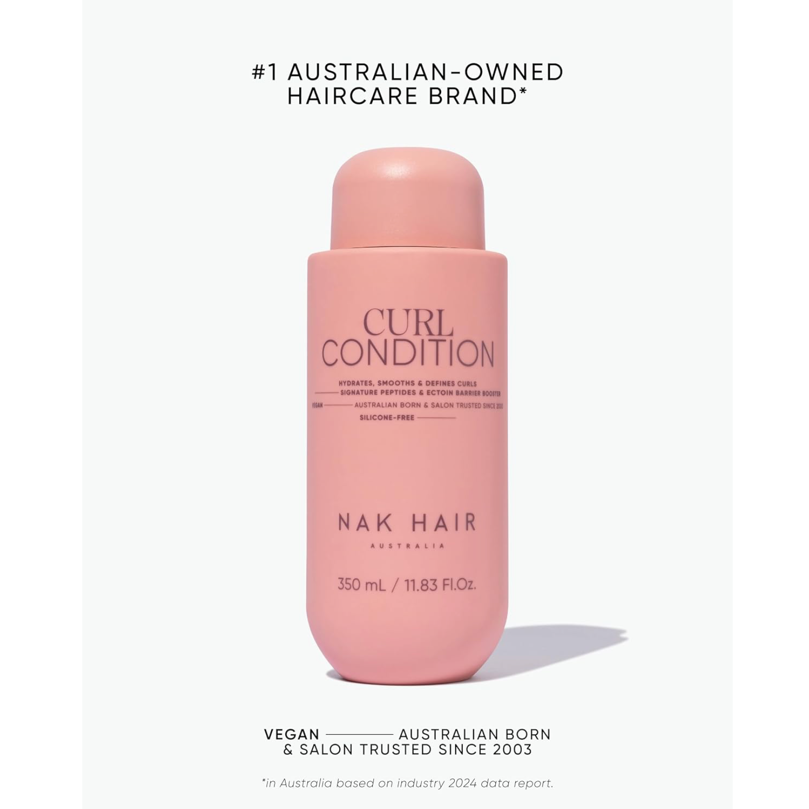 NAK Hair Curl Condition 350ml pink bottle, an Australian-made vegan conditioner formulated to hydrate, smooth and define curly hair