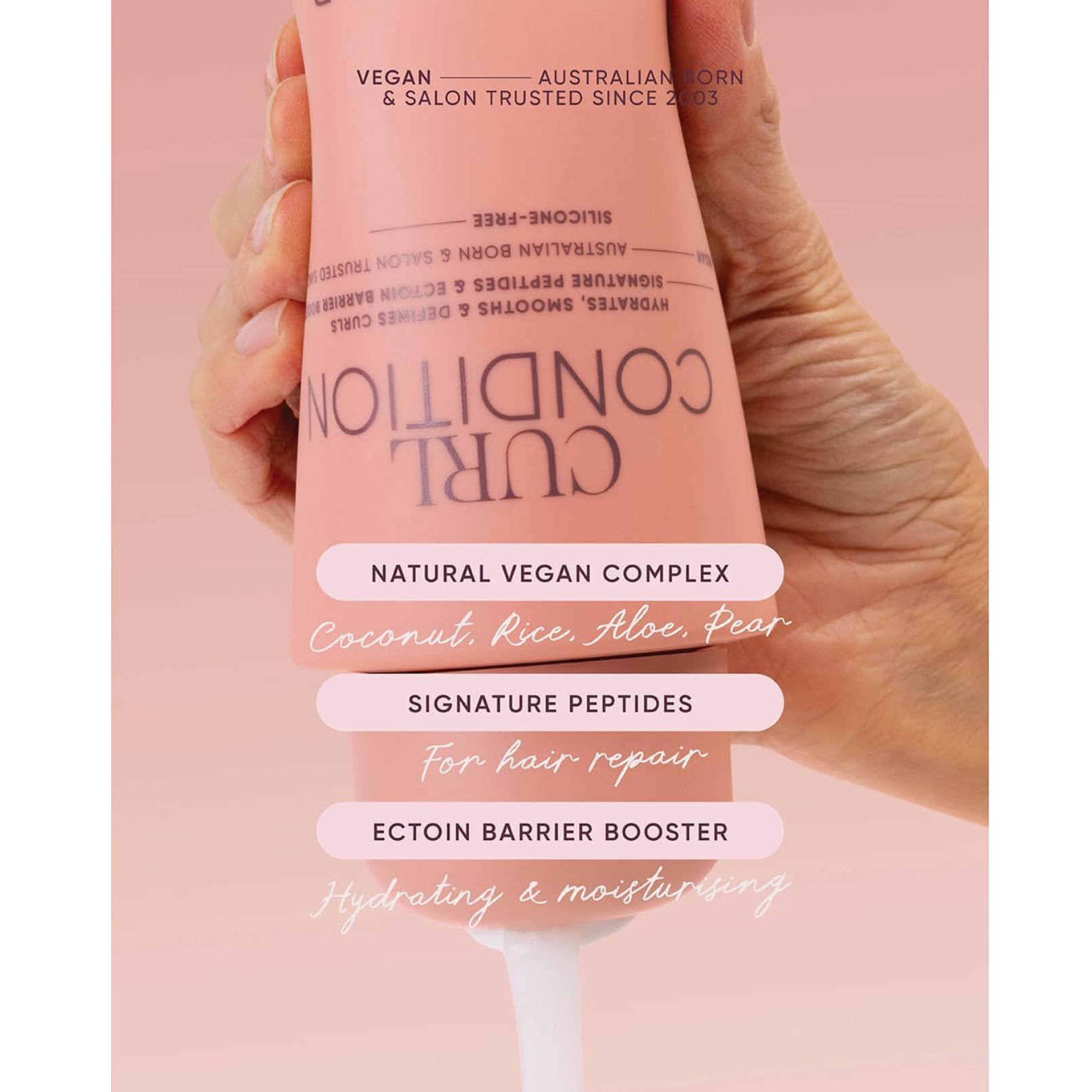 NAK Hair Curl Condition 350ml highlighting its natural vegan complex, signature peptides and Ectoin Barrier Booster for hydrated, conditioned curls