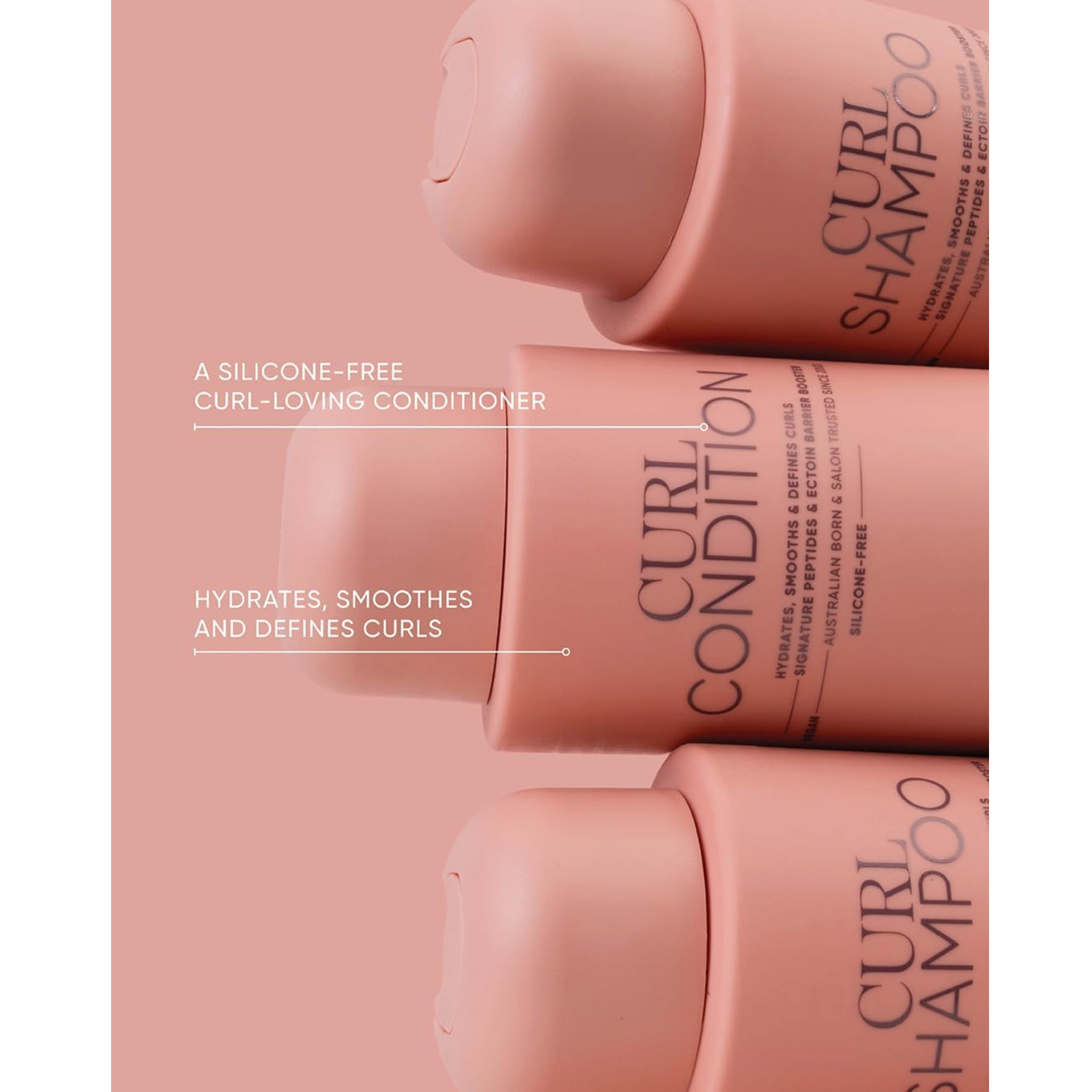NAK Hair Curl Condition 350ml displayed with Curl Shampoo, highlighting its silicone-free formula for hydrating, smoothing and defining curls