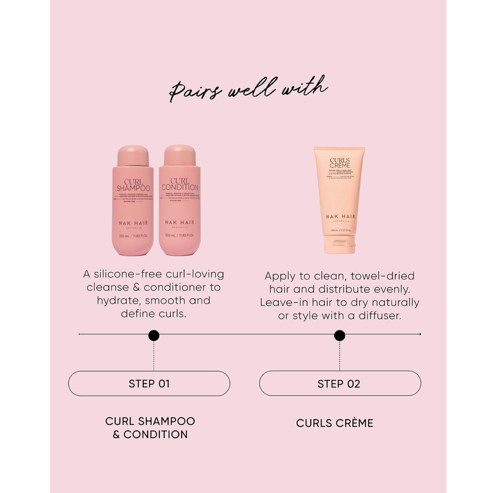 NAK Hair Curl Condition 350ml shown as part of a curly hair routine with Curl Shampoo and Curls Crème for hydrated, smooth and defined curls