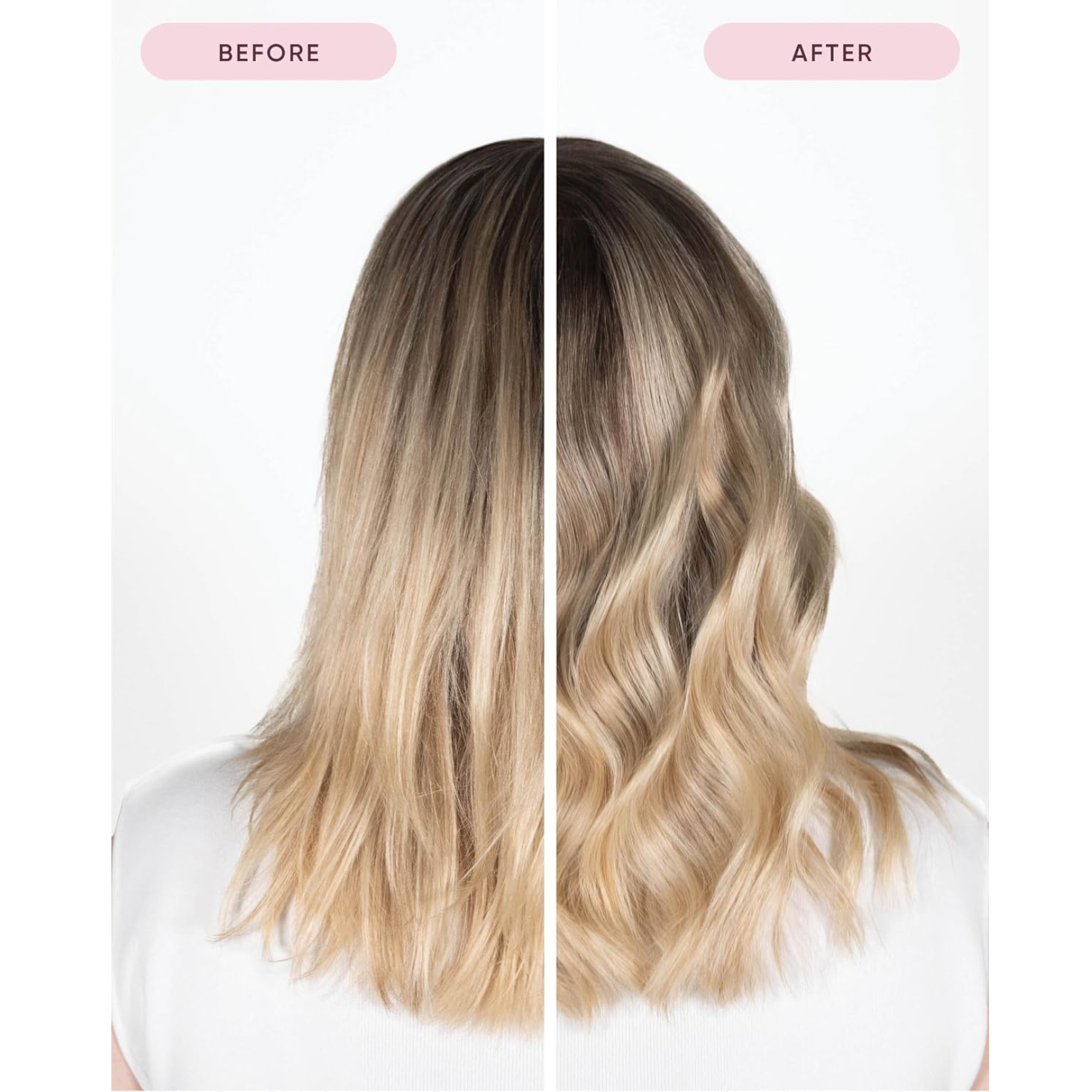 Before-and-after comparison of blonde hair styled into smooth, defined waves as part of a NAK Hair curl care routine