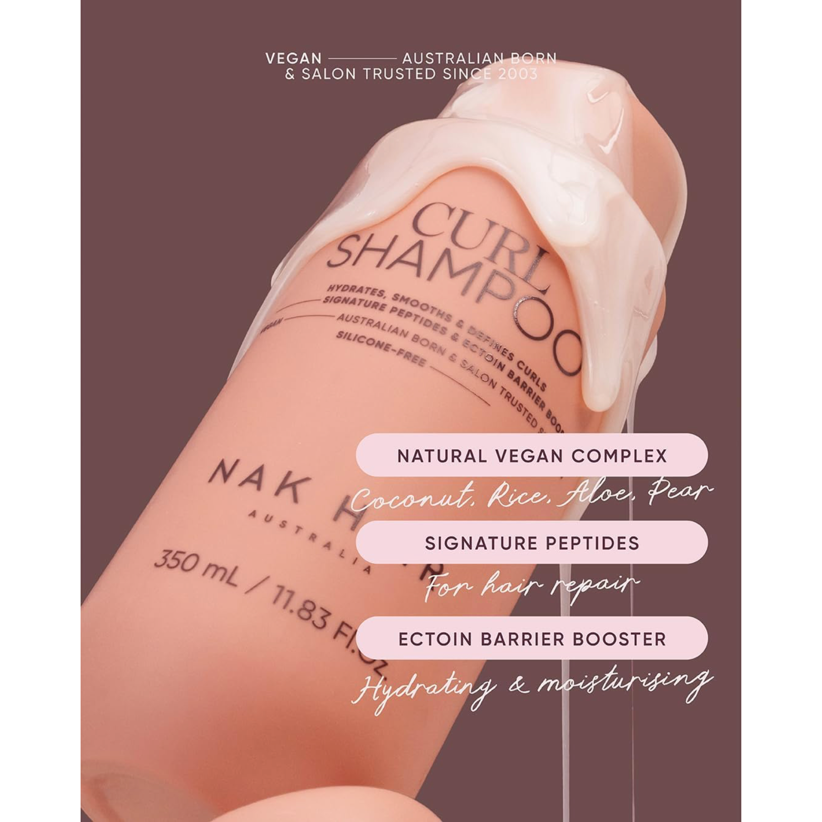 NAK Hair Curl Shampoo 350ml with creamy lather, natural vegan complex, signature peptides and Ectoin Barrier Booster for hydrated curls