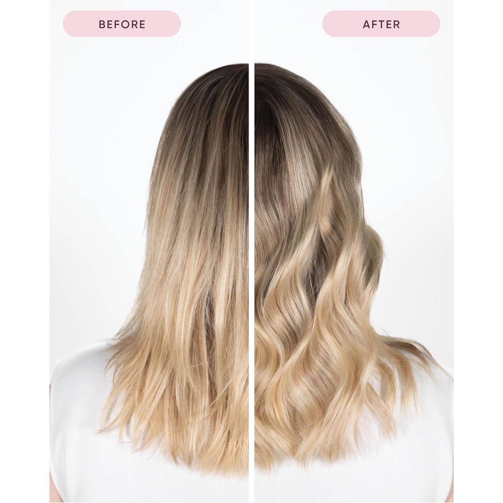 Before-and-after blonde hair comparison showing smooth, defined waves following a routine with NAK Hair Curl Shampoo 350ml