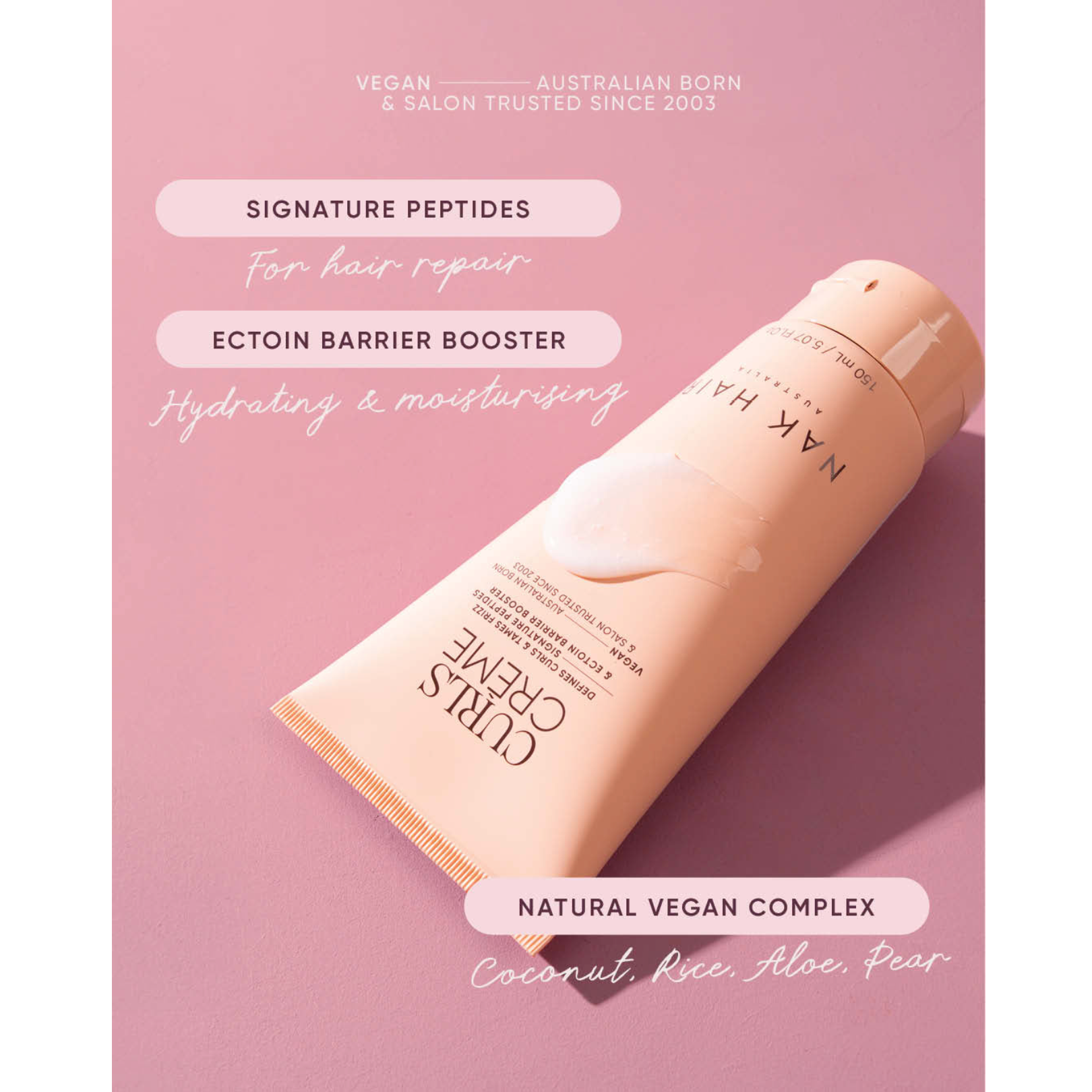 NAK Hair Curls Crème 150ml with signature peptides for hair repair, hydrating Ectoin Barrier Booster and a coconut, rice, aloe and pear vegan complex