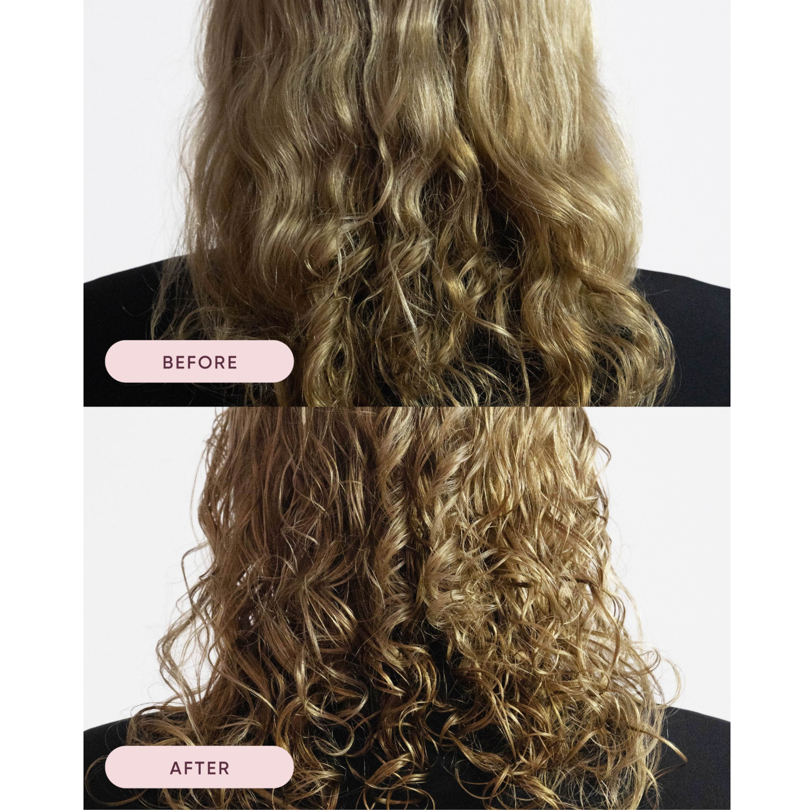 Before-and-after results showing loose, frizzy waves transformed into defined, separated and glossy curls using NAK Hair Curls Crème 150ml