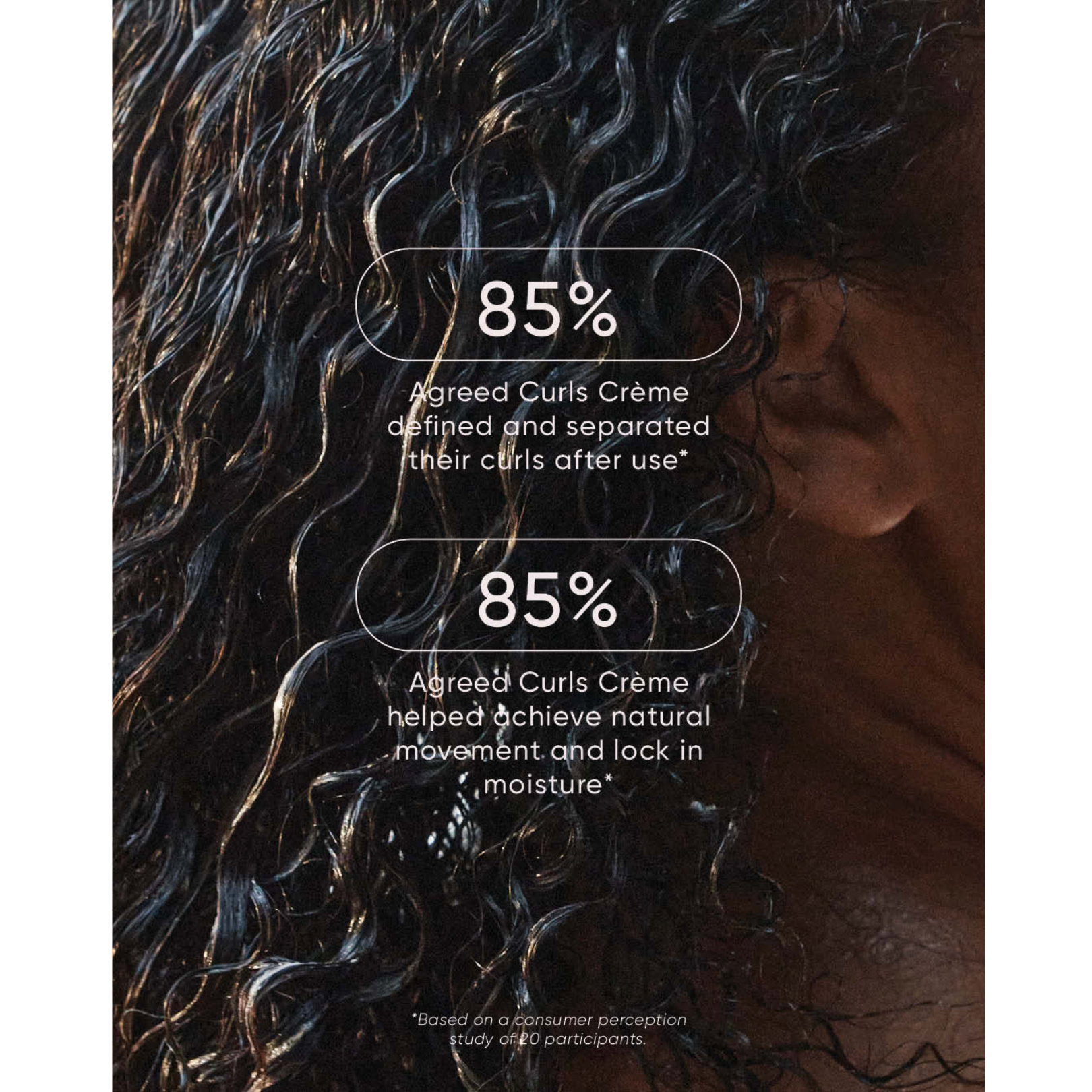 Woman with moisturised, defined curls highlighting NAK Hair Curls Crème results, with 85% reporting curl separation, natural movement and locked-in moisture