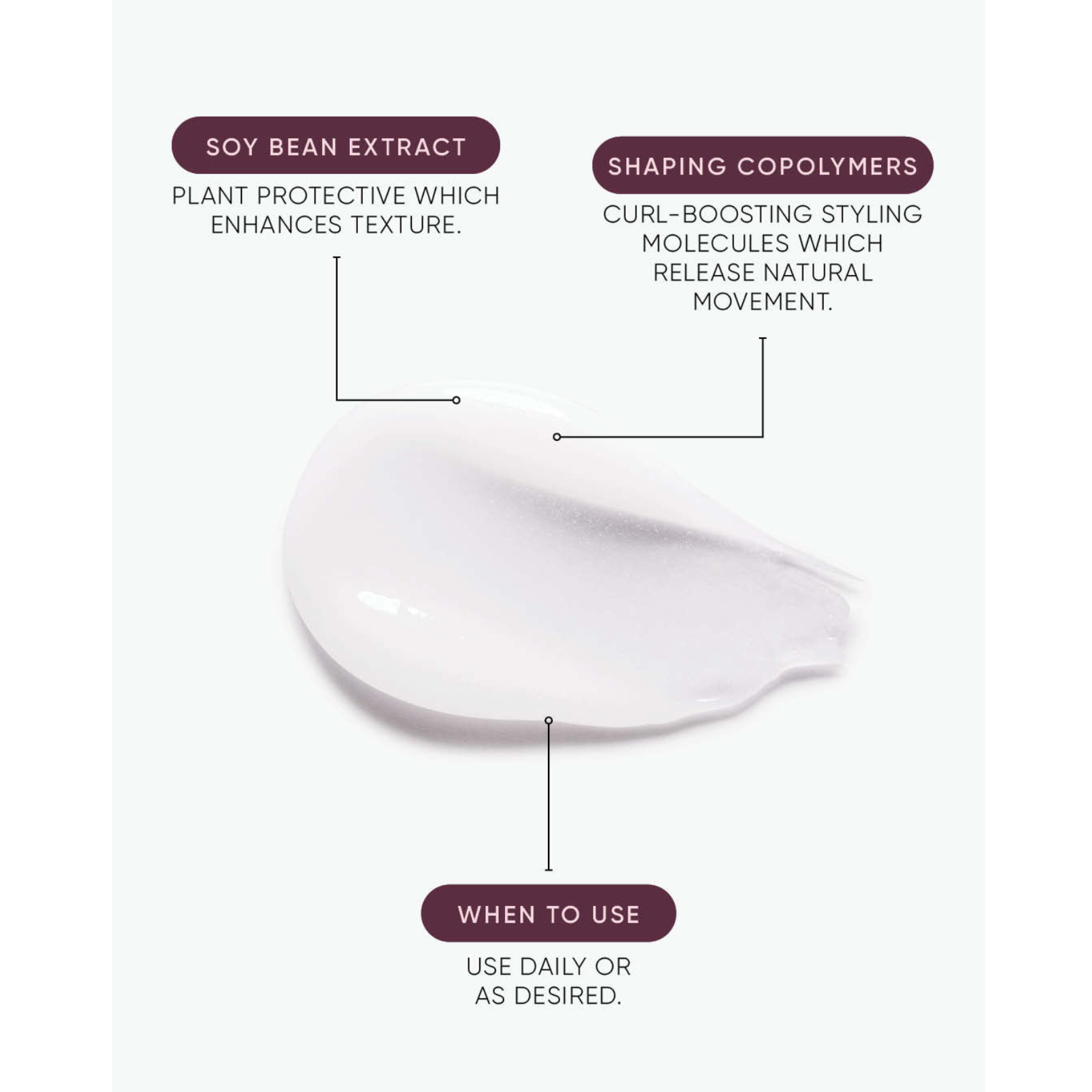 NAK Hair Curls Crème texture infographic featuring soybean extract to enhance hair texture and shaping copolymers to boost curls and natural movement