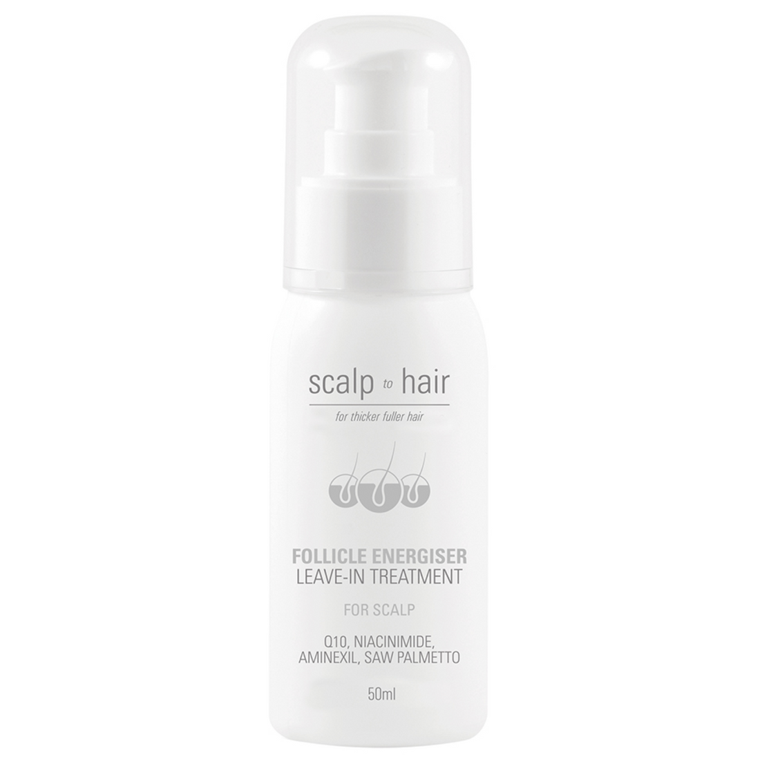 Scalp to Hair Follicle Energiser Leave-In Treatment 50ml bottle with Q10, niacinamide, aminexil and saw palmetto for thicker, fuller hair.