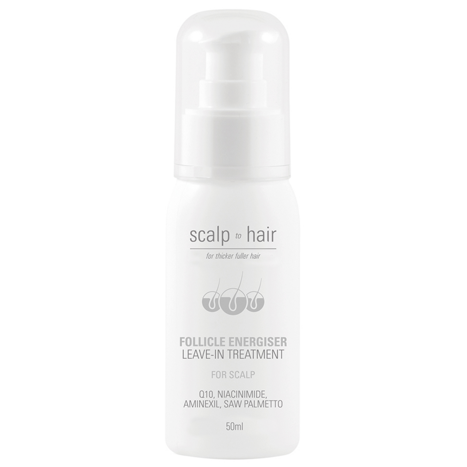 Scalp to Hair Follicle Energiser Leave-In Treatment 50ml bottle with Q10, niacinamide, aminexil and saw palmetto for thicker, fuller hair.
