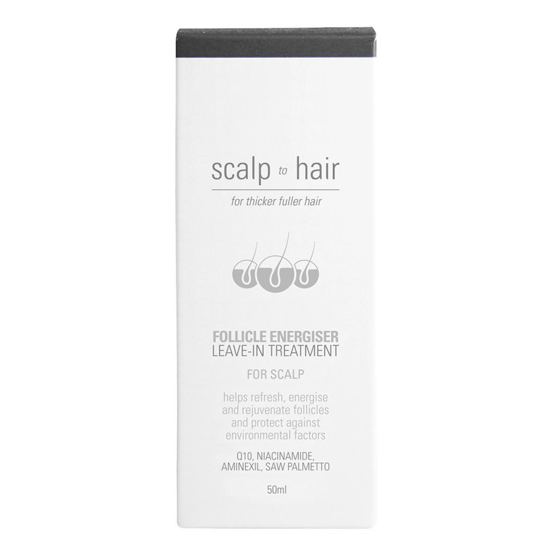 Scalp to Hair Follicle Energiser Leave-In Treatment 50ml retail box featuring Q10, niacinamide, aminexil and saw palmetto for thicker, fuller hair.