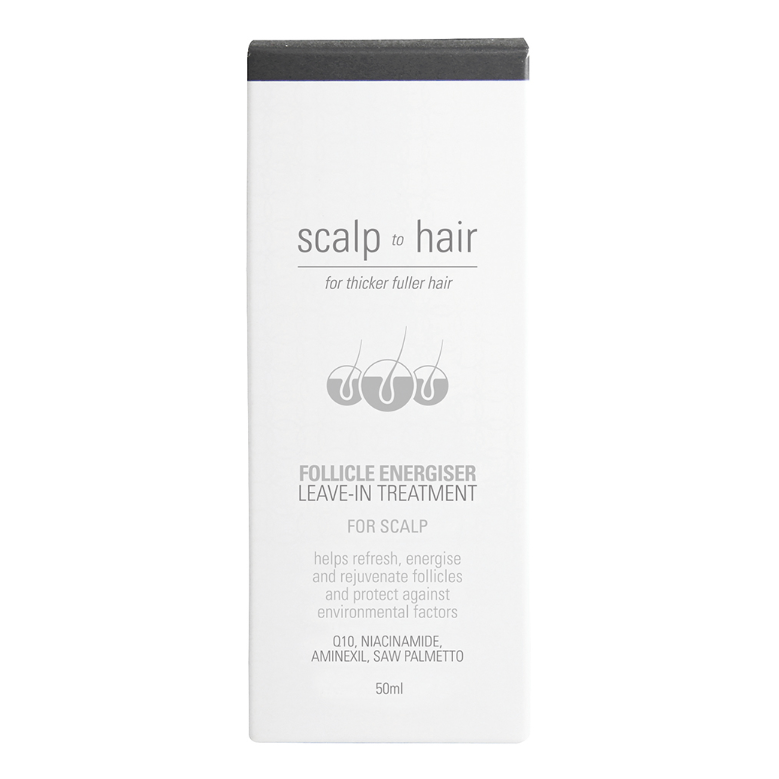 Scalp to Hair Follicle Energiser Leave-In Treatment 50ml retail box featuring Q10, niacinamide, aminexil and saw palmetto for thicker, fuller hair.