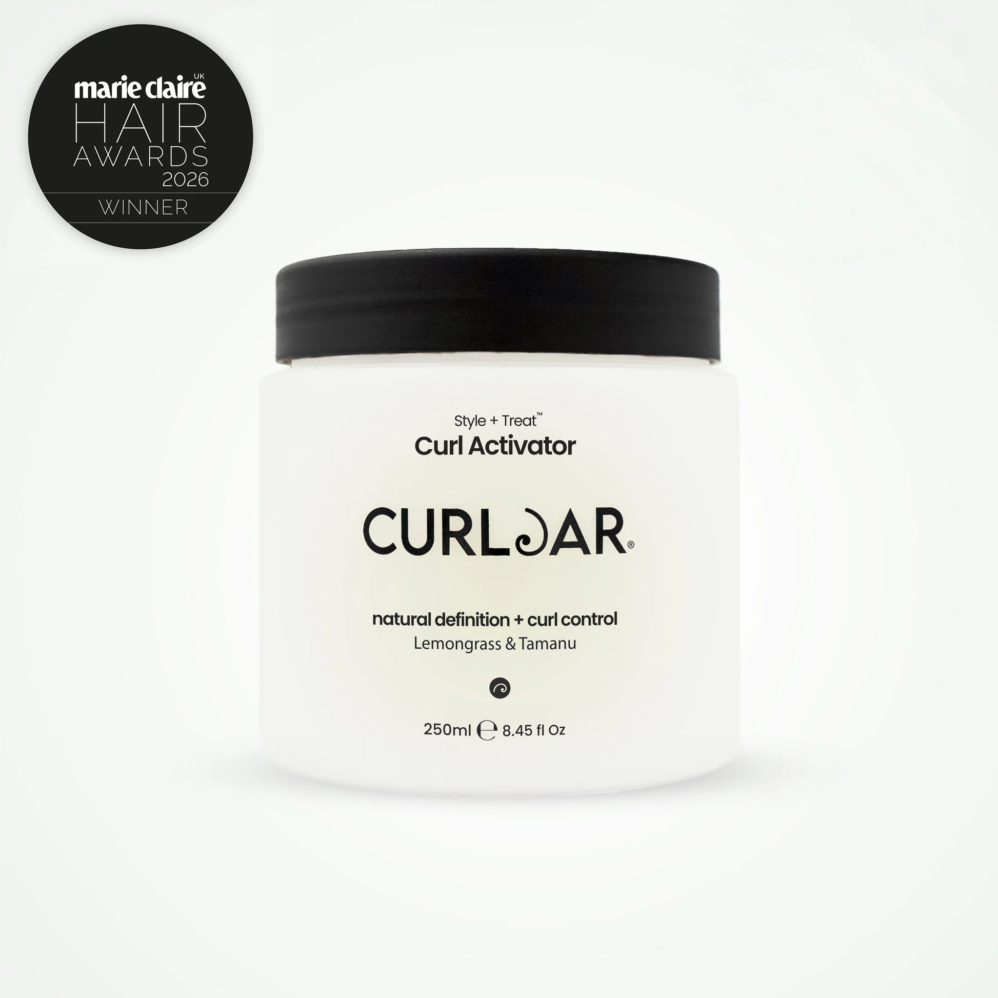 Curl Activator jar with black lid on a white background, featuring Marie Claire Hair Awards 2026 winner badge.