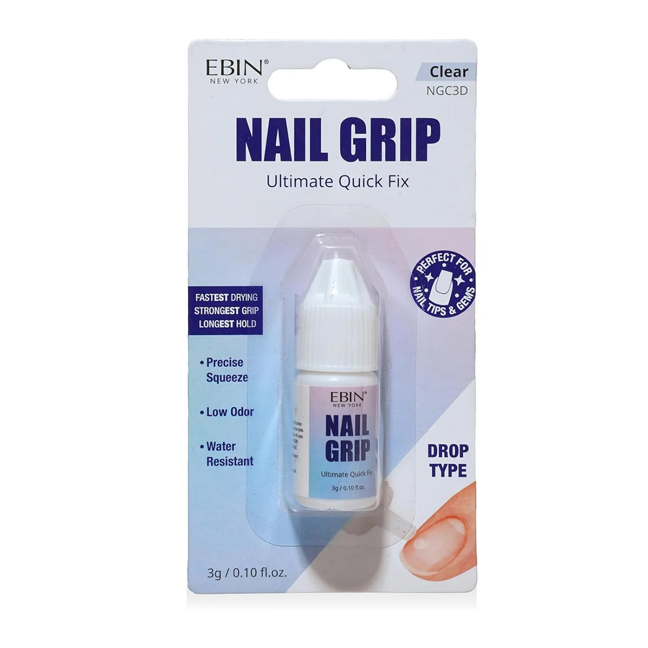 Ebin New York Nail Grip Ultimate Quick Fix Drop-Type Nail Glue Clear 3g with precision squeeze applicator, fast-drying, water-resistant formula for securing press-on nails, nail tips and nail gems.
