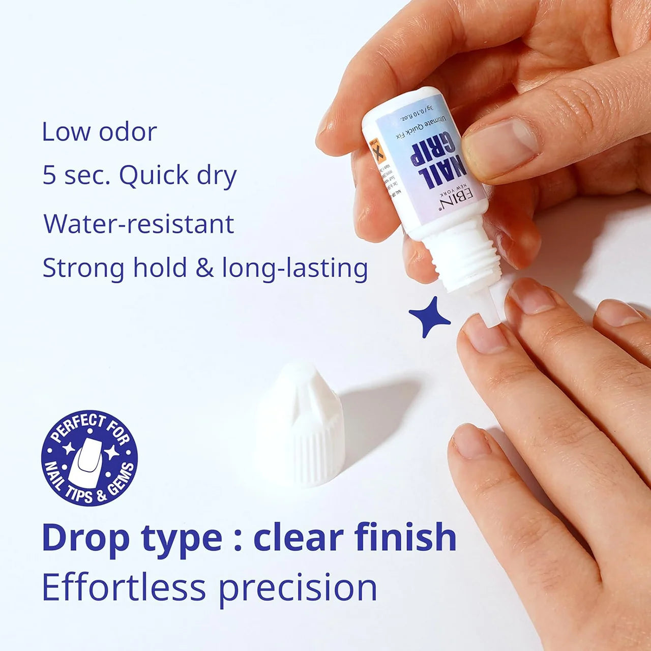 Ebin New York Nail Grip Drop-Type Nail Glue being applied with a precision squeeze nozzle, showcasing its clear finish, low odour, 5-second quick-dry formula, water resistance and strong long-lasting hold for nail tips and nail gems.
