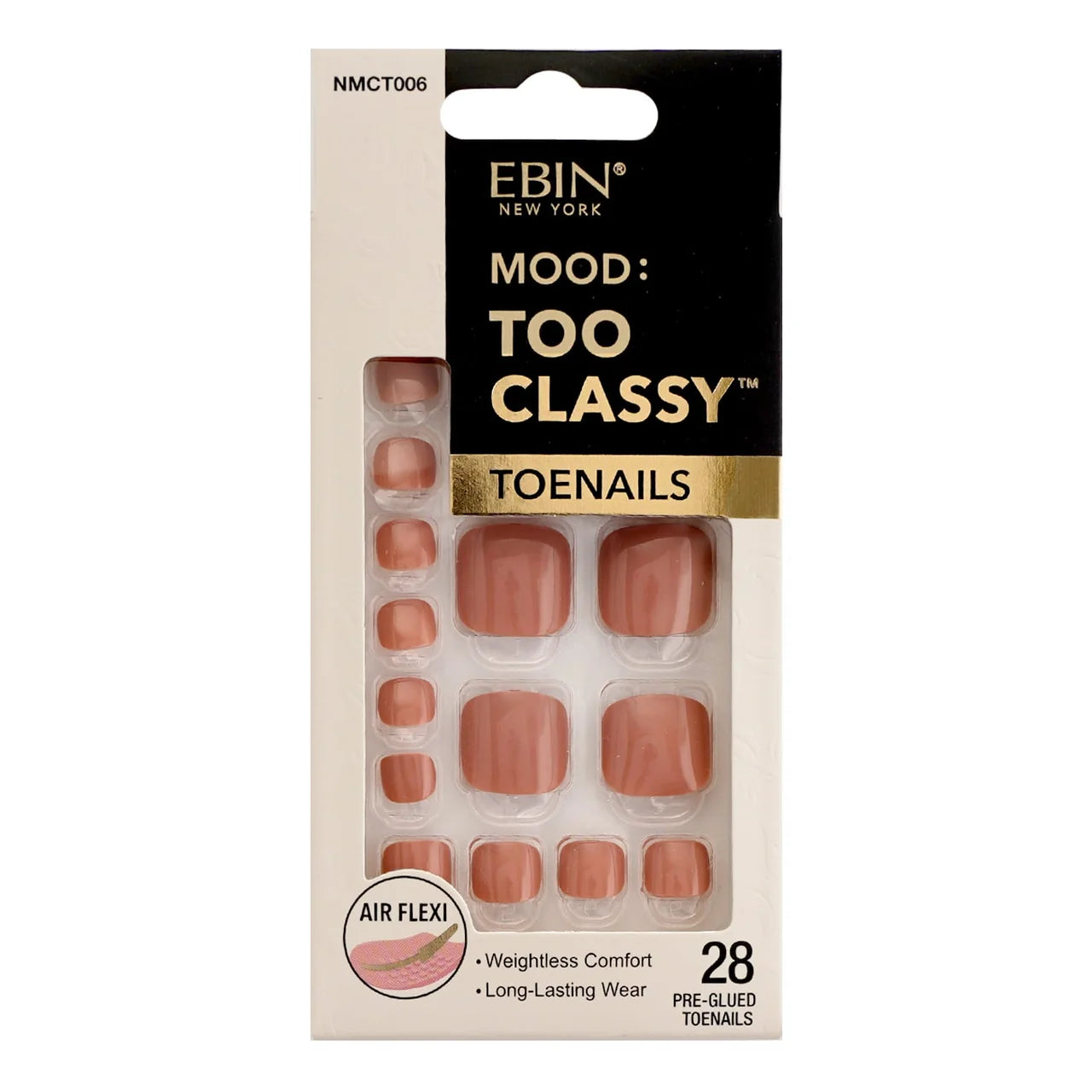 Ebin New York Mood Too Classy Pre-Glued Toenails Mauve NMCT006 with 28 glossy square press-on toenails featuring lightweight Air Flexi technology and long-lasting wear.
