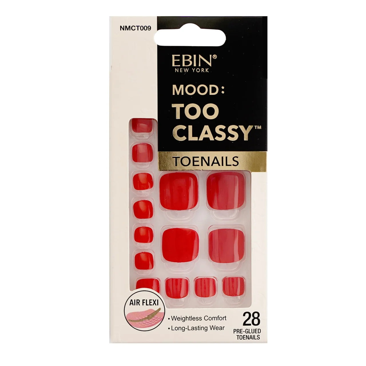 Ebin New York Mood Too Classy Pre-Glued Toenails Red NMCT009 with 28 glossy square press-on toenails featuring lightweight Air Flexi technology and long-lasting wear.
