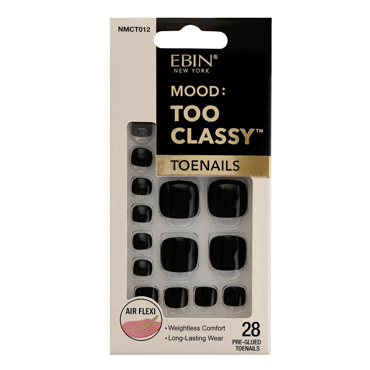Ebin New York Mood Too Classy Pre-Glued Toenails Black NMCT012 with 28 glossy square press-on toenails featuring lightweight Air Flexi technology and long-lasting wear.
