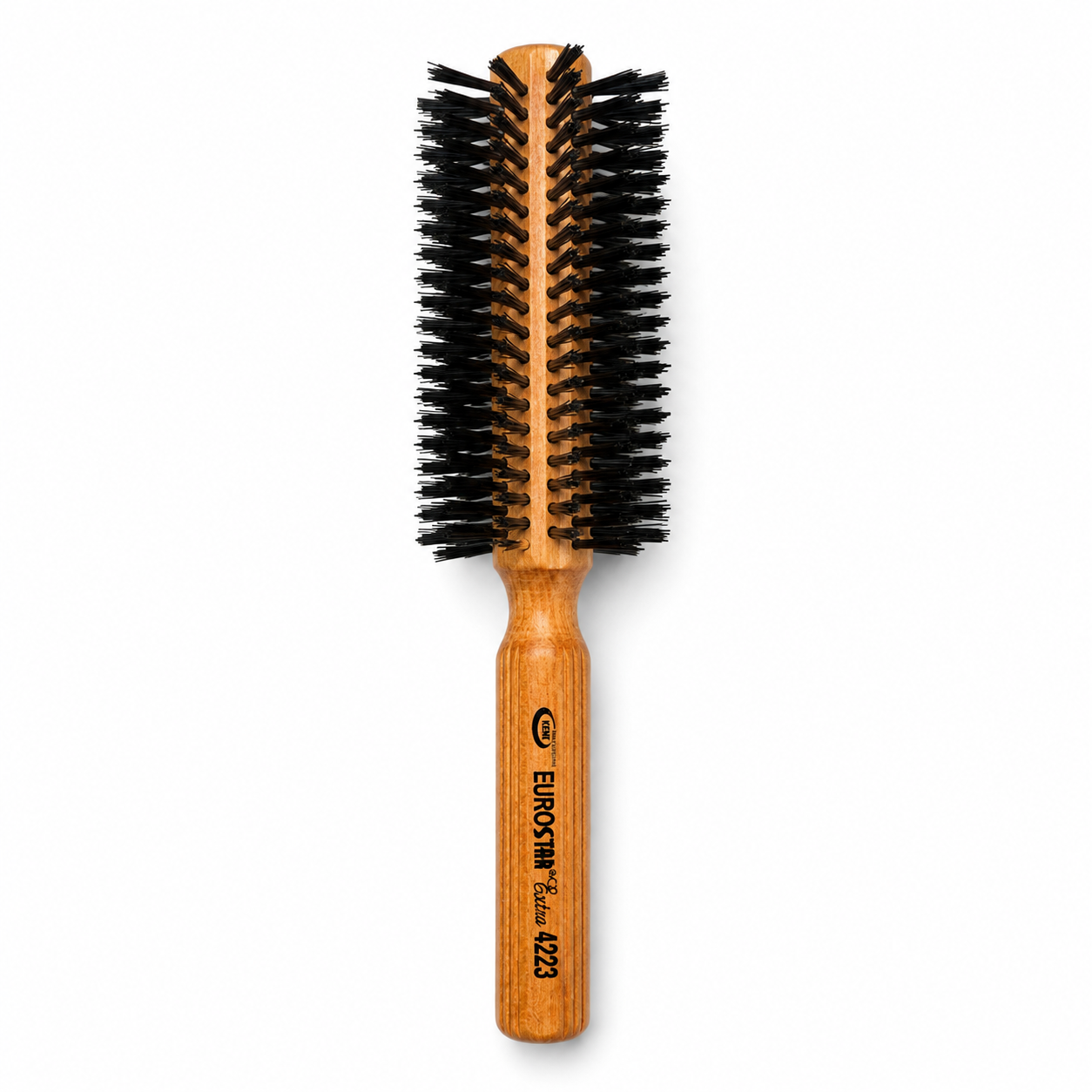 NRM Professionals Euro Star Extra Round Brush 4223 with a medium wooden barrel and densely packed black bristles, designed for blow-drying, smoothing, adding volume, and creating soft curls on short to medium-length hair.