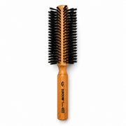 NRM Professionals Euro Star Extra Round Brush 4223 with a medium wooden barrel and densely packed black bristles, designed for blow-drying, smoothing, adding volume, and creating soft curls on short to medium-length hair.