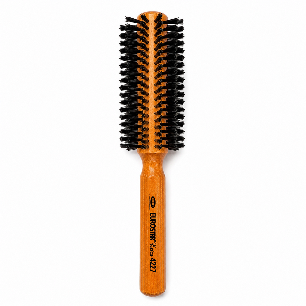 NRM Professionals Euro Star Extra Round Brush 4227 featuring a medium-large wooden barrel with dense black bristles for blow-drying, smoothing, enhancing volume, and creating loose curls on medium-length hair.