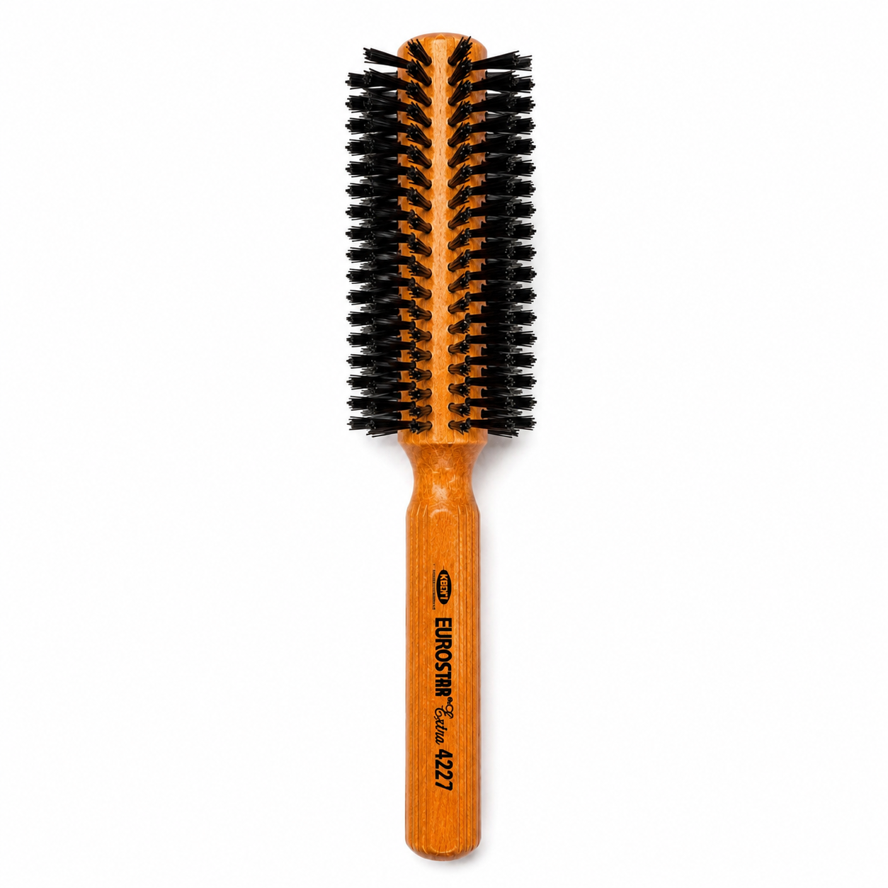 NRM Professionals Euro Star Extra Round Brush 4227 featuring a medium-large wooden barrel with dense black bristles for blow-drying, smoothing, enhancing volume, and creating loose curls on medium-length hair.