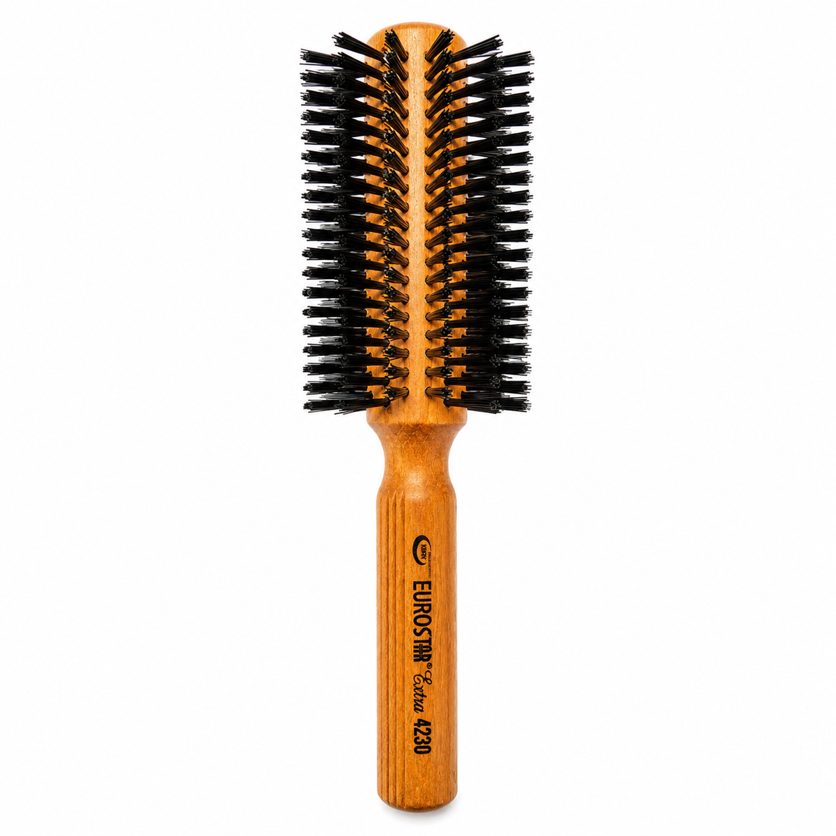 NRM Professionals Euro Star Extra Round Brush 4230 with a large wooden barrel and dense black bristles, ideal for blow-drying, smoothing, adding body, and creating loose waves or volume on medium to long hair.
