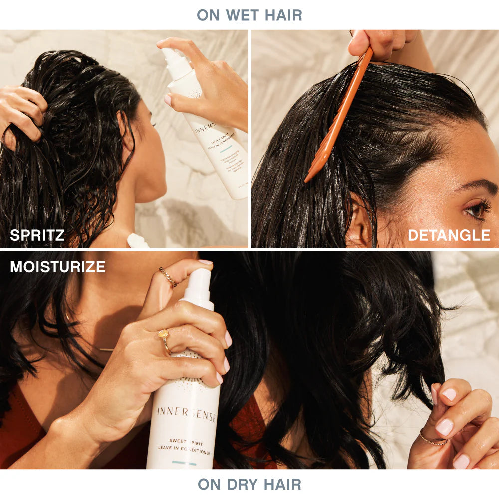 Steps to care for hair with a product, including spritzing on wet hair and detangling on dry hair. innersense sweet spirit leave in conditioner fragrance free