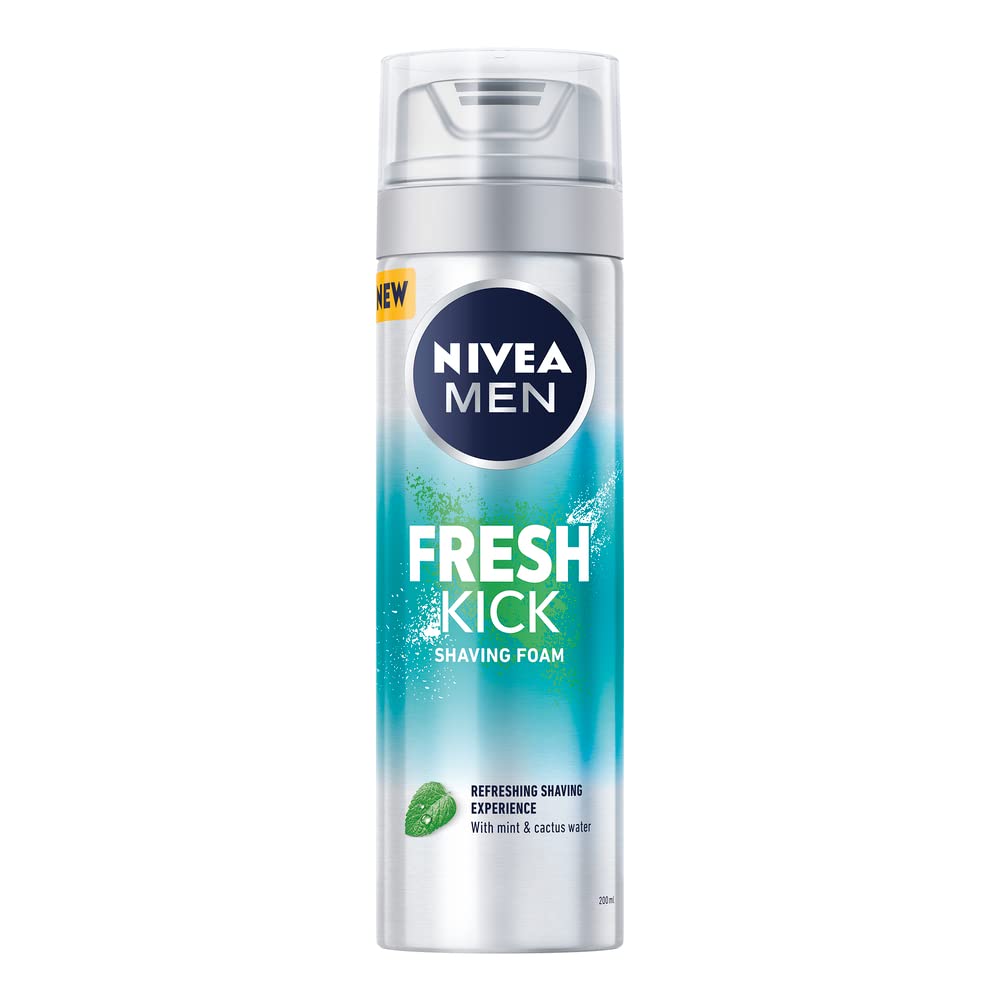 Nivea Men Fresh Kick Shaving Foam 200ml in a silver and turquoise aerosol can with a clear cap, centred on a white background; mint and cactus water provide a refreshing shaving experience.