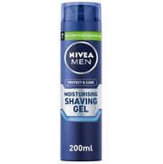 Nivea Men Protect & Care Moisturising Shaving Gel 200ml in a dark blue aerosol can with a translucent blue cap, centred on a clean white background.