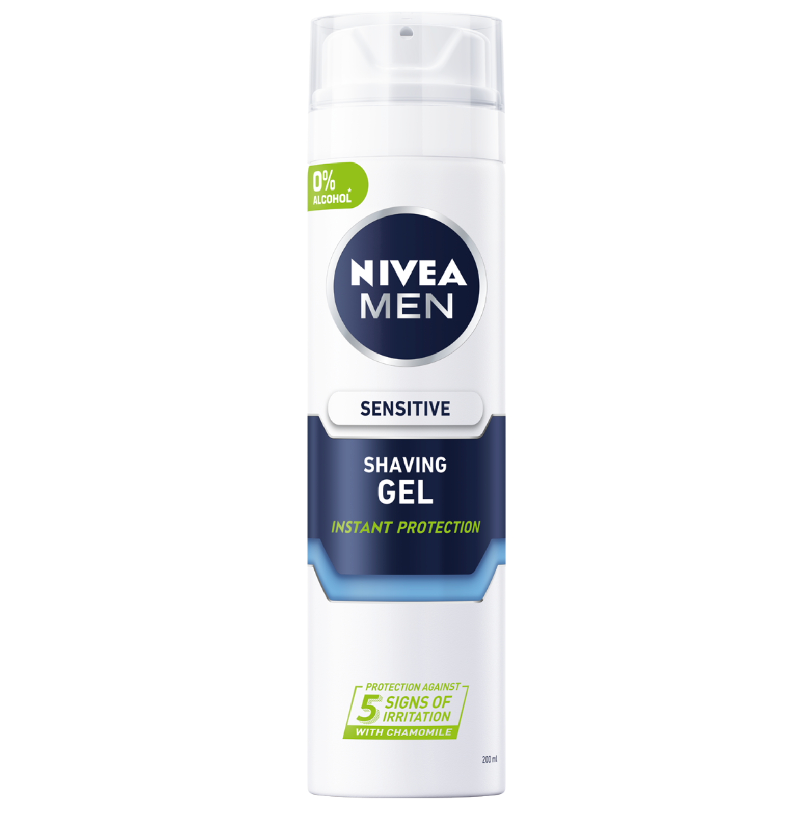 Nivea Men Sensitive Shaving Gel 200ml in a white aerosol can with navy and green details and a clear cap, centred on a white background; alcohol-free formula with chamomile provides instant protection against five signs of shaving irritation.
