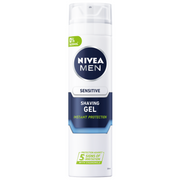 Nivea Men Sensitive Shaving Gel 200ml in a white aerosol can with navy and green details and a clear cap, centred on a white background; alcohol-free formula with chamomile provides instant protection against five signs of shaving irritation.