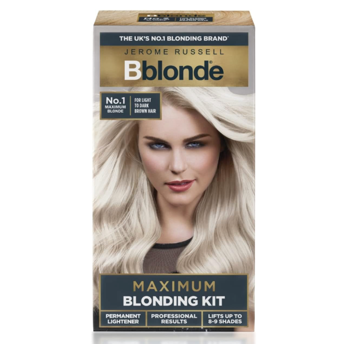 Jerome Russell Bblonde Maximum Blonding Kit no.1 for light to dark brown hair retail box packaging on a clean white background 
