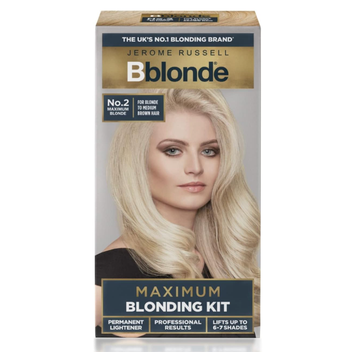 Jerome Russell Bblonde Maximum Blonding Kit for blonde to medium brown hair retail box packaging on a clean white background 