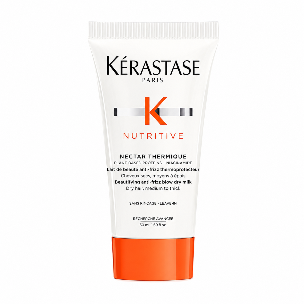 Kérastase Nutritive Nectar Thermique 50ml white tube with orange cap on white, an anti-frizz blow-dry milk for dry, medium-to-thick hair.